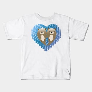 Cute Otter Couple and Blue Scribble Heart Background Kids T-Shirt